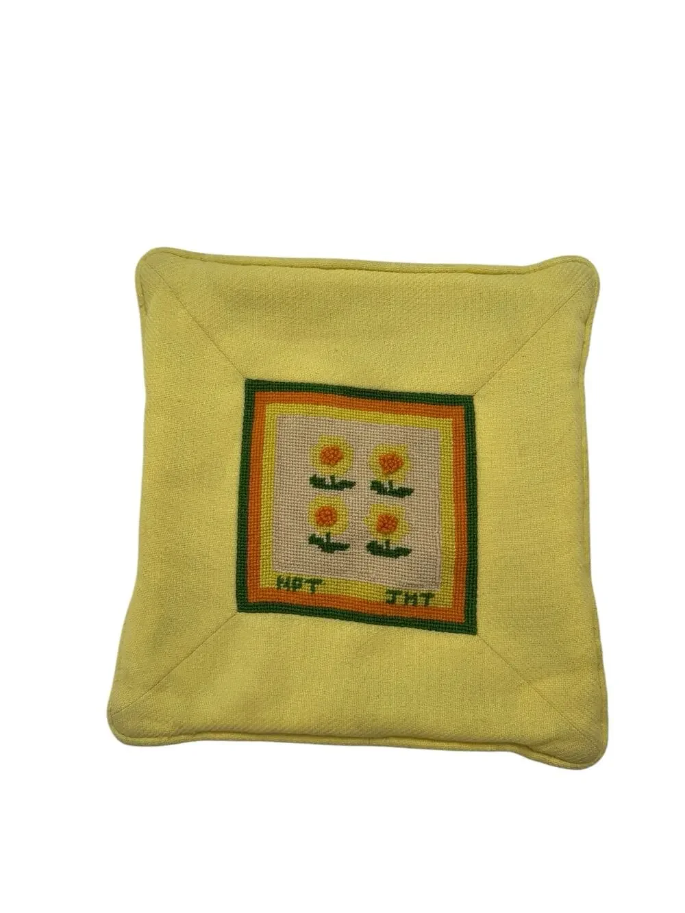 Vintage Yellow Daisy Needlepoint Pillowcase Handmade 60s 70s Decorative Throw